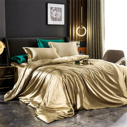 Luxury MC THE BLACK DIAMOND solid silk bedding set with duvet cover, bed sheet, and pillowcases in king and queen sizes.