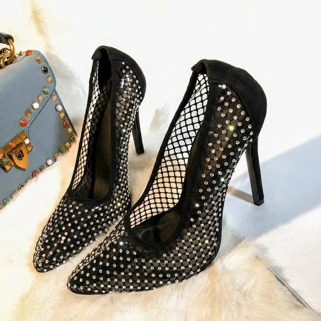 Colorful rhinestone women’s pumps with glitter, hollow mesh design, thin heels, suitable for party and wedding occasions.