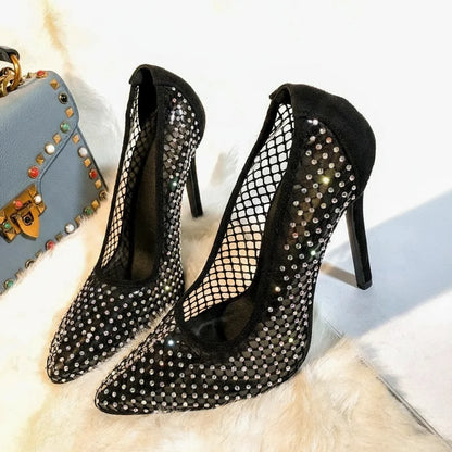 Colorful rhinestone women’s pumps with glitter, hollow mesh design, thin heels, suitable for party and wedding occasions.
