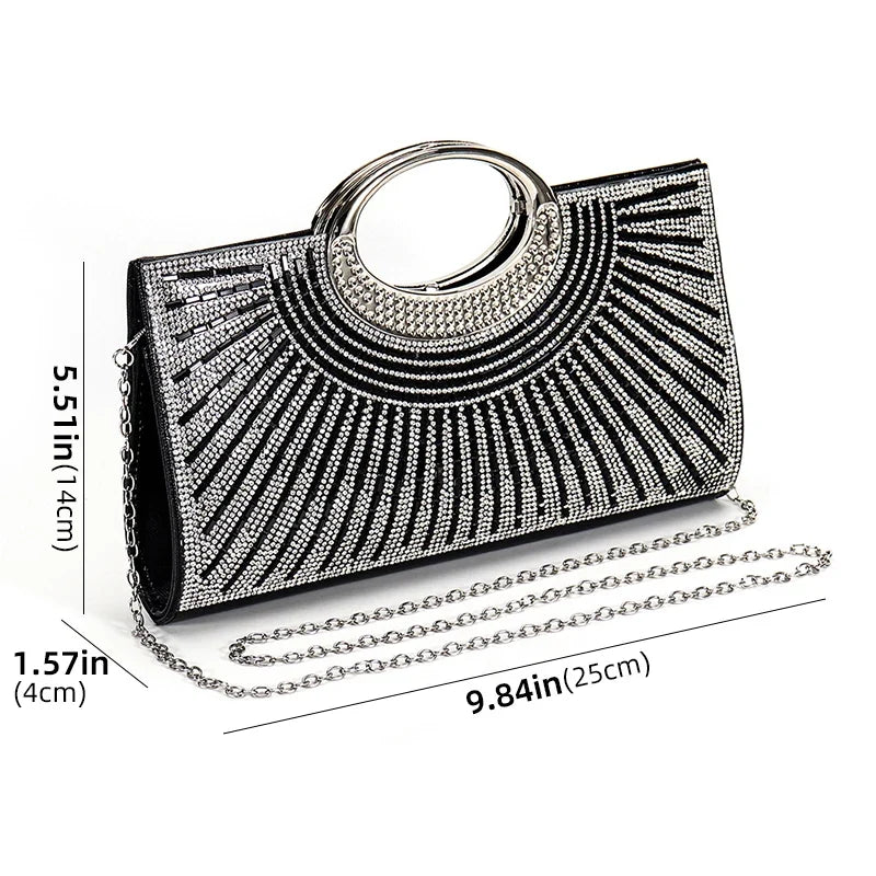 Elegant rhinestone sequin evening clutch bag with chain, luxury diamond details, suitable for wedding and party events.