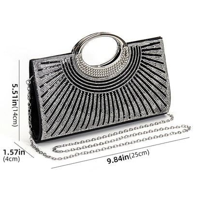 Elegant rhinestone sequin evening clutch bag with chain, luxury diamond details, suitable for wedding and party events.