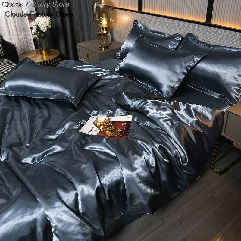 Luxurious Mulberry satin bedding set with silky duvet cover and sheets, soft and skin-friendly, perfect for queen size beds.