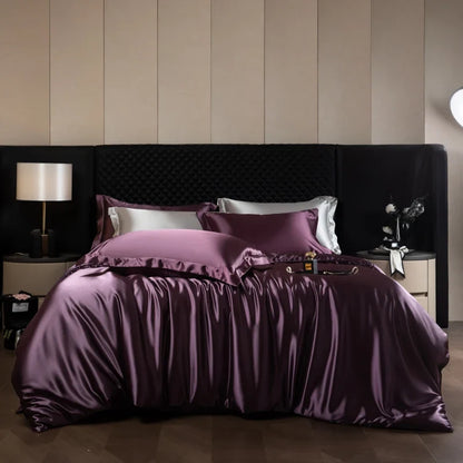 Luxury silk bedsheet set with duvet cover, fitted and flat sheets, and pillowcases in king and queen sizes by 𝕄𝕔 𝕋𝕙𝕖 𝔹𝕝𝕒𝕔𝕜 𝔻