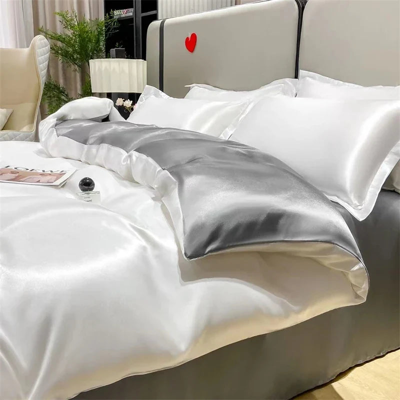 Luxury solid silk bedding set with duvet cover, bedsheet, and satin pillowcases by 𝕄𝕔 𝕋𝕙𝕖 𝔹𝕝𝕒𝕔𝕜 𝔻𝕚𝕒
