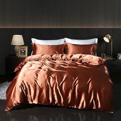 Luxury satin bedding set with fitted sheet and duvet cover from MC THE BLACK DIAMOND, featuring smooth, shiny fabric for elegant bedroom decor.