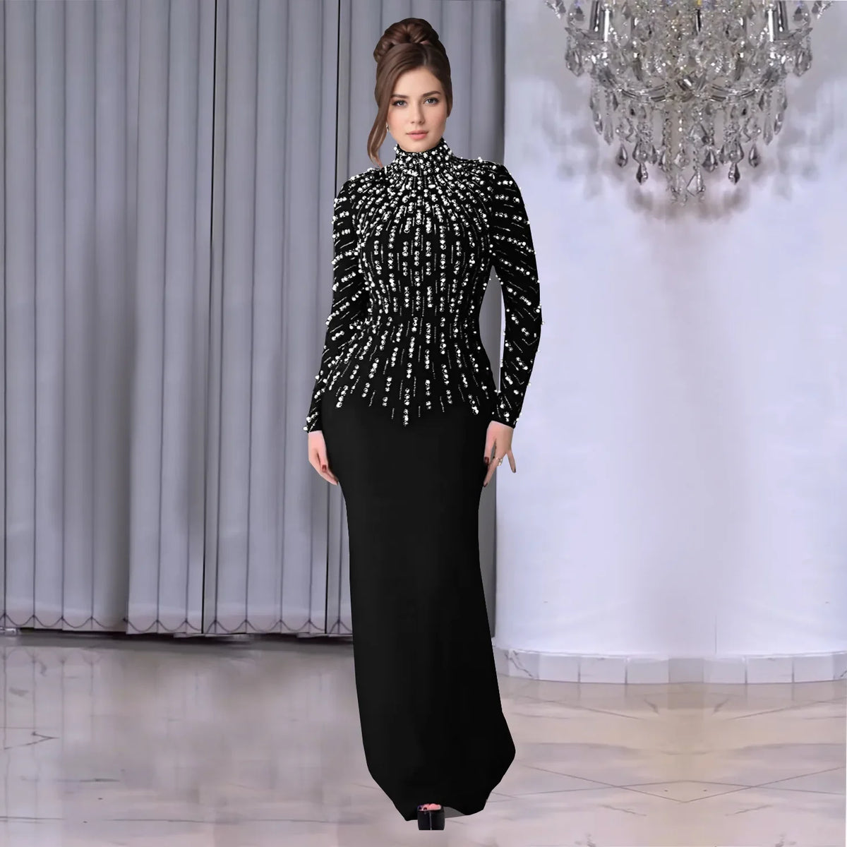Elegant long bodycon dress by MC THE BLACK DIAMOND, featuring a sleek fit and stylish design, showcased on a model.