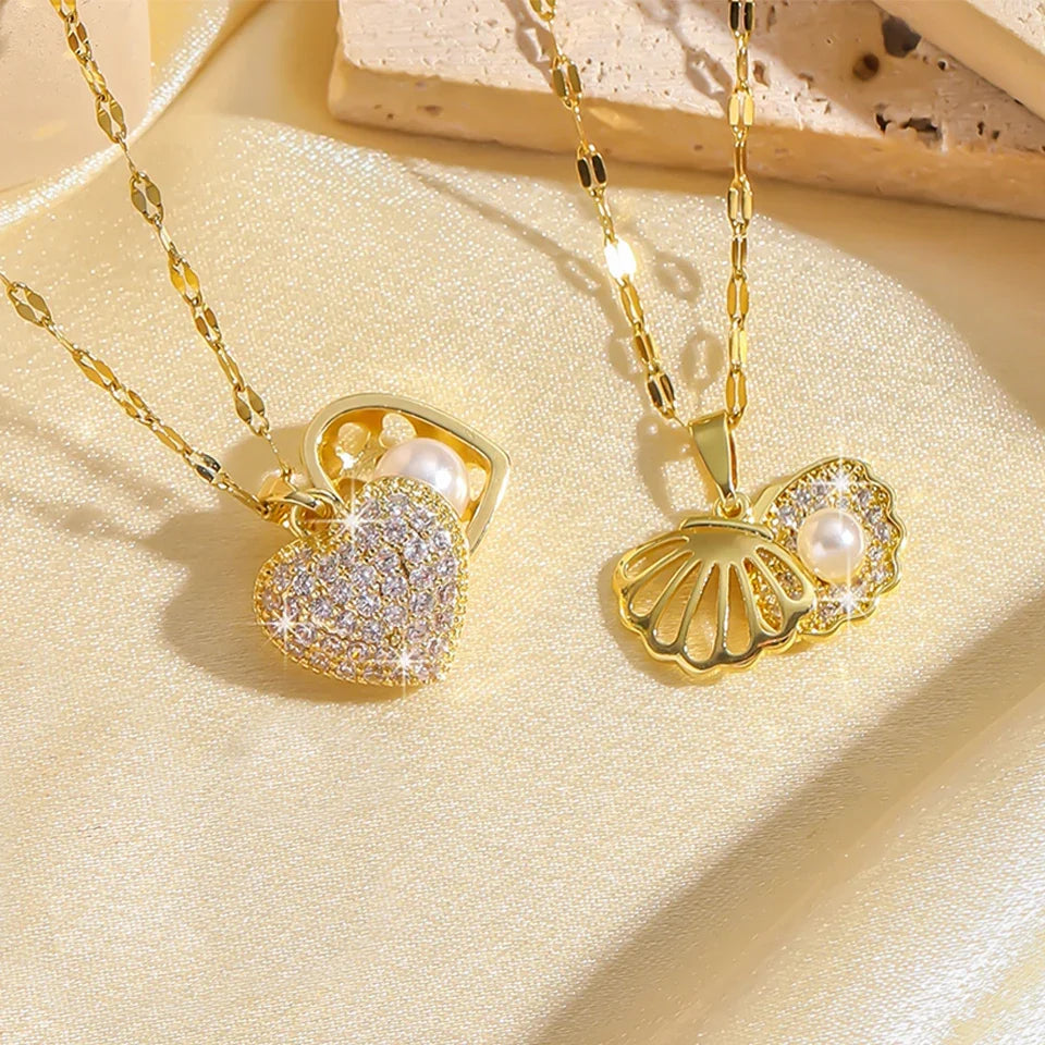 Gold ZAKOL French shell pearl necklace with zircon love heart pendant, stainless steel choker for women, wedding jewelry.