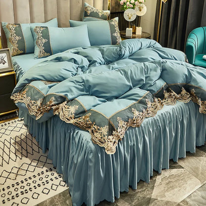 European ice rayon bed skirt from MC THE BLACK DIAMOND, part of a summer bedding set, featuring soft, elegant bed decor.