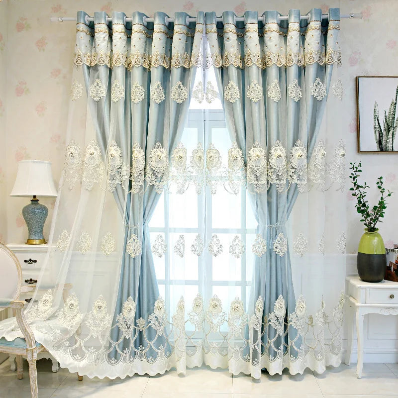 Black double-layer curtains with embossed base and 3D embroidered details, ideal for bedroom or living room decor.