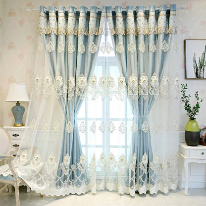 Black double-layer curtains with embossed base and 3D embroidered details, ideal for bedroom or living room decor.