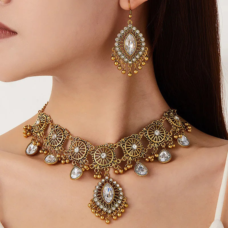 Ethnic vintage jewelry set with resin stone necklace and earrings, featuring hollow metal water drop pendants by 𝕄𝕔 𝕋𝕙𝕖 𝔹𝕝𝕒𝕔𝕜 𝔻𝕚