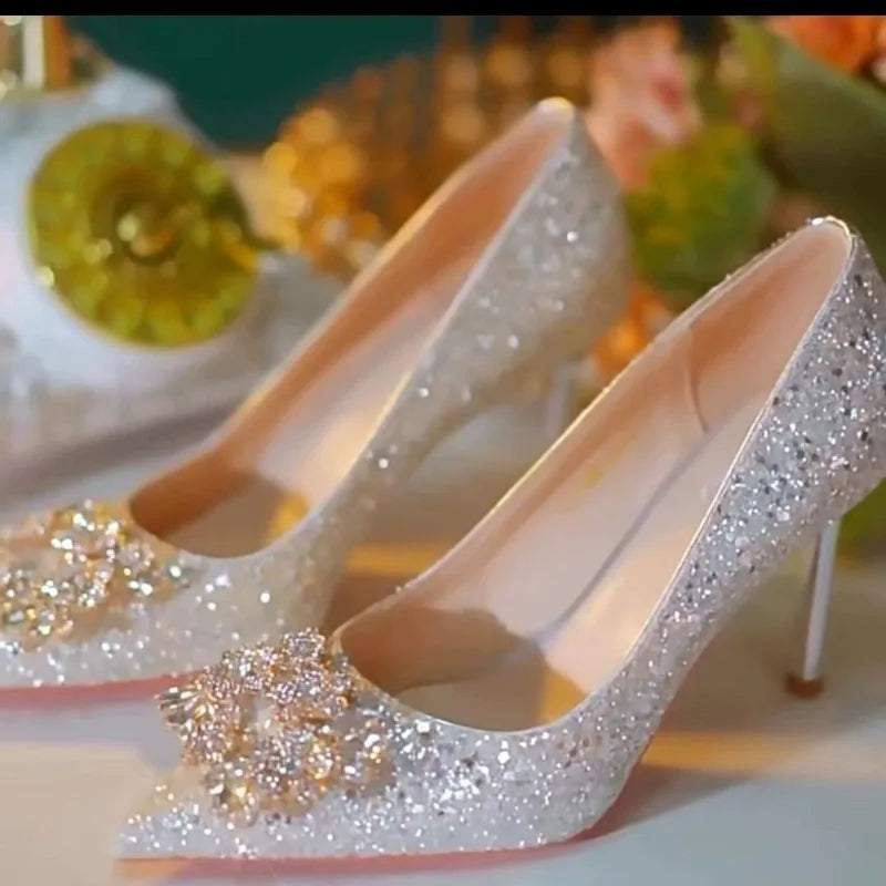 Women’s high heel shoes by Mohammad Collection featuring elegant crystal embellishments, pointed toe, and retro-style shallow mouth heels.