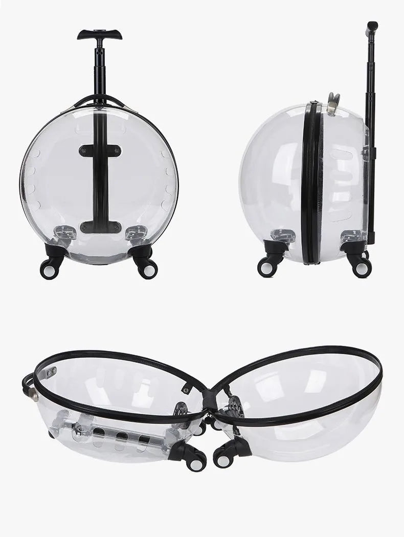 Transparent MC THE BLACK DIAMOND cat carrier backpack with hard sides, large capacity, and trolley features for outdoor travel.