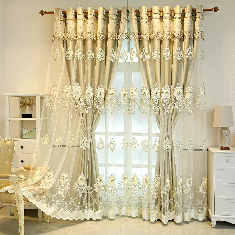 Elegant black double-layer curtains with embossed base and 3D embroidered details, perfect for bedroom or living room decor.