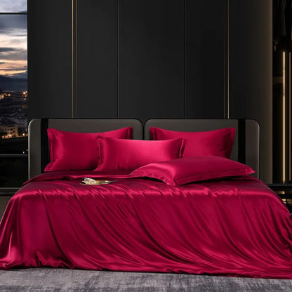 Solid silk bedding set by MC The Black Diamonds, includes duvet cover, fitted sheet, pillowcases, bedspreads for single or double beds.