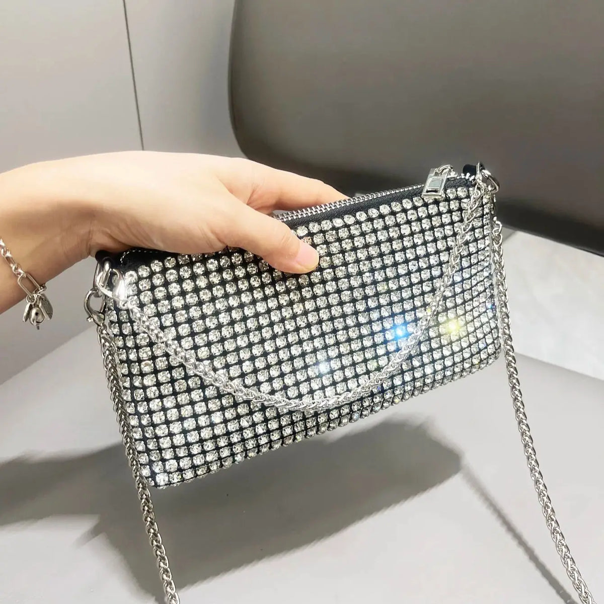 Luxury MC THE BLACK DIAMOND rhinestones clutch purse with handle, elegant women&
