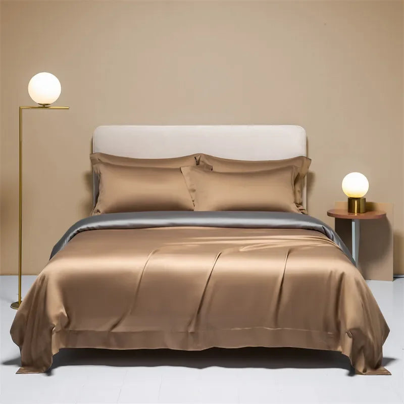 Cream-colored natural mulberry silk duvet cover from MC The Black Diamonds, single and king size, smooth and luxurious fabric.