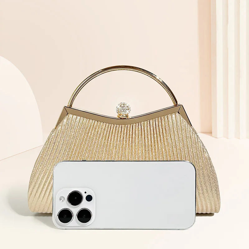 Gold MC THE BLACK DIAMOND pleated evening hand bag with glitter and diamond accents, top handle clutch for wedding or party dress.