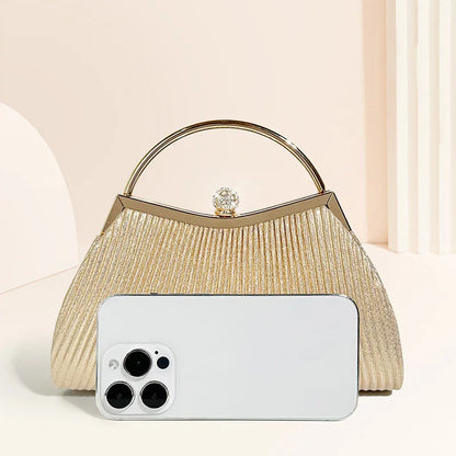 Gold MC THE BLACK DIAMOND pleated evening hand bag with glitter and diamond accents, top handle clutch for wedding or party dress.