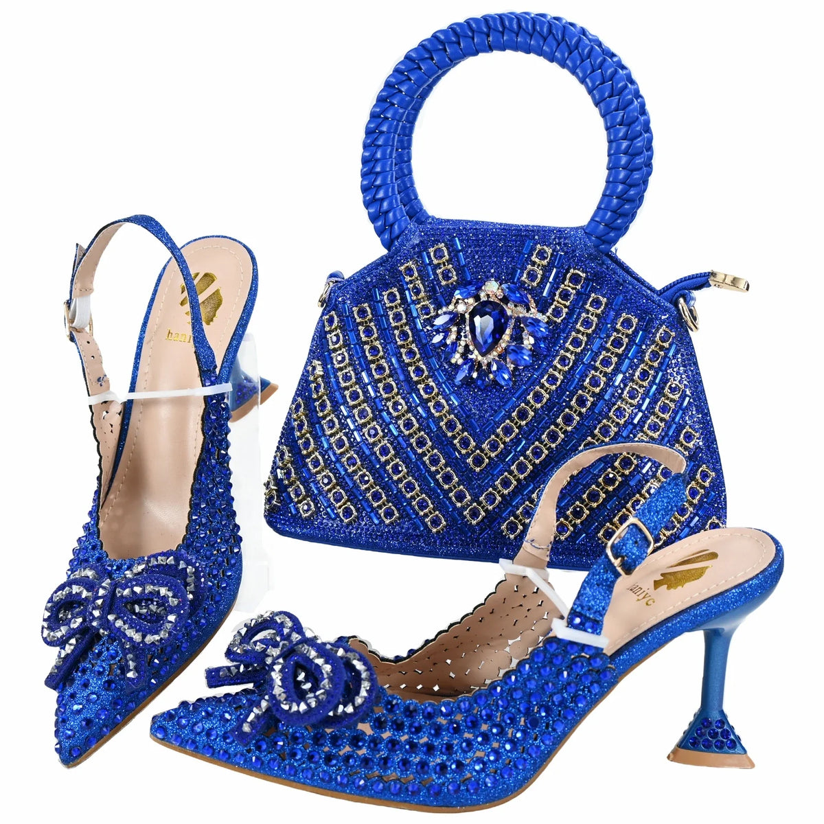 Doershow Italian leather heels and matching stone-embellished handbags from Mohamad Collection for evening parties.