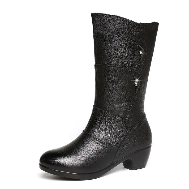 Women’s mid-calf wedge-heeled leather boots from Mohammad Collection, featuring soft leather and winter-ready design.