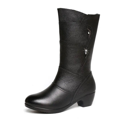 Women’s mid-calf wedge-heeled leather boots from Mohammad Collection, featuring soft leather and winter-ready design.