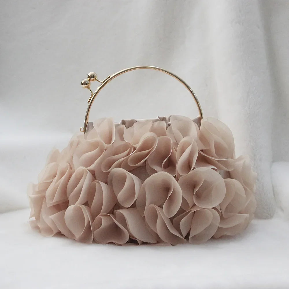 Luxury satin floral bride clutch bag with chain strap, MC THE BLACK DIAMOND women’s evening purse for weddings and special occasions.