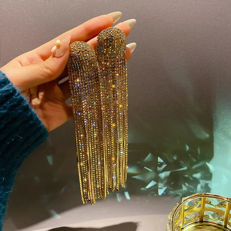 MC THE BLACK DIAMOND long tassel rhinestone drop earrings with crystal dangles for women, stylish fashion jewelry accessory