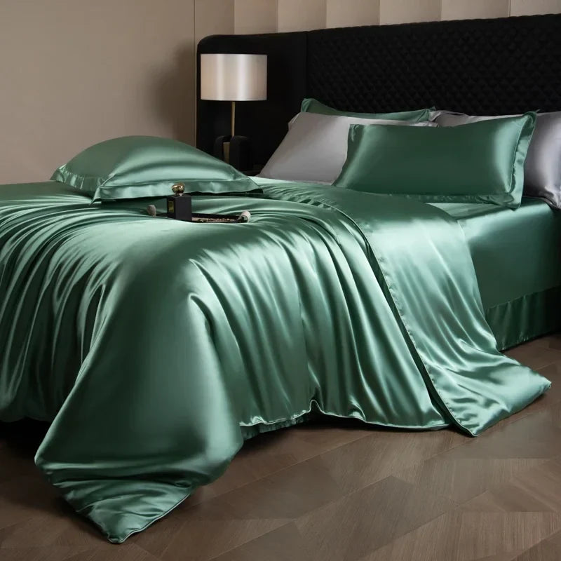 Luxurious silk bed sheets set with duvet cover, fitted and flat sheets, and pillowcases in king to twin sizes by 𝕄𝕔 𝕋𝕙𝕖 𝔹𝕝𝕒𝕔𝕜 �