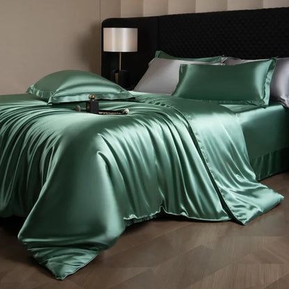 Luxurious silk bed sheets set with duvet cover, fitted and flat sheets, and pillowcases in king to twin sizes by 𝕄𝕔 𝕋𝕙𝕖 𝔹𝕝𝕒𝕔𝕜 �