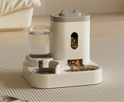 Automatic pet feeder with water fountain by MC THE BLACK DIAMOND, featuring a bowl and drinking water dispenser for pets.