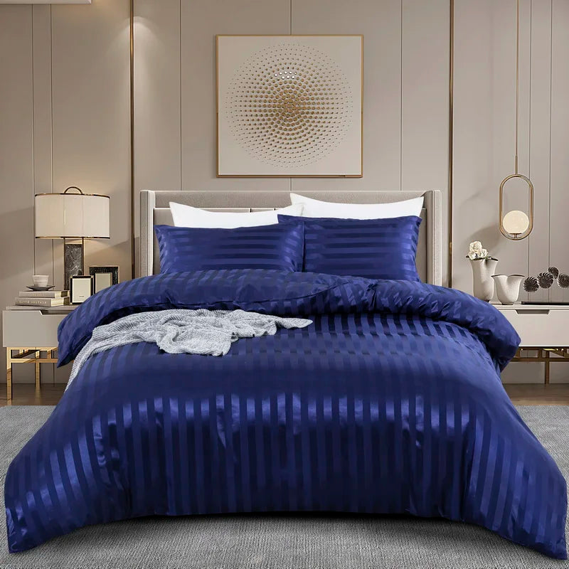 Luxury satin striped duvet cover set in ivory white with silky feel, available in full, queen, king, double, and single sizes.