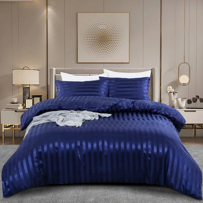 Luxury satin striped duvet cover set in ivory white with silky feel, available in full, queen, king, double, and single sizes.