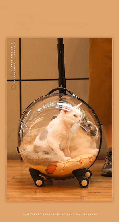 Transparent MC THE BLACK DIAMOND hard-sided cat carrier with large capacity, outdoor trolley, and space capsule design for travel.