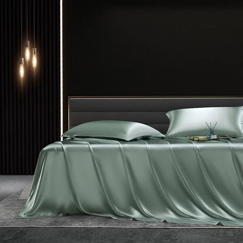 Solid silk bedding set with duvet cover, fitted sheet, pillowcases, and bedspreads by MC The Black Diamonds for single or double beds.
