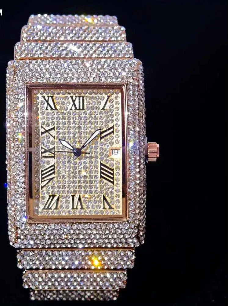 Luxury gold ice watch by MC THE BLACK DIAMOND featuring diamond accents, rectangular quartz face, and stylish men&