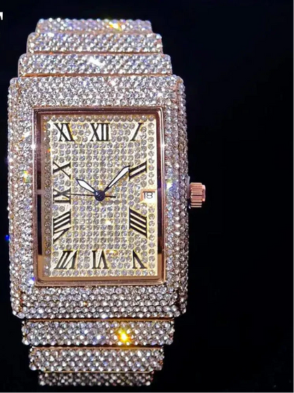 Luxury gold ice watch by MC THE BLACK DIAMOND featuring diamond accents, rectangular quartz face, and stylish men&