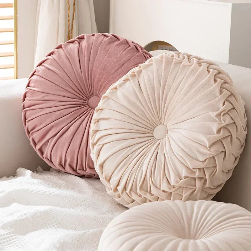 Pink round pumpkin pillow by MC THE BLACK DIAMOND, soft seat cushion and waist pillow for living room or home decor.