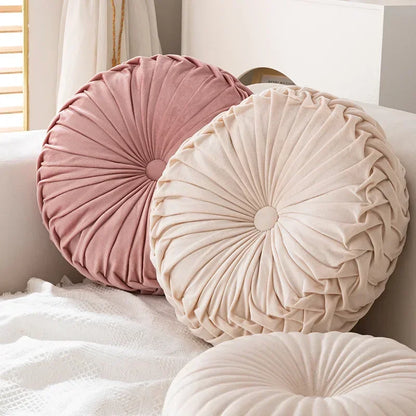 Pink round pumpkin pillow by MC THE BLACK DIAMOND, soft seat cushion and waist pillow for living room or home decor.