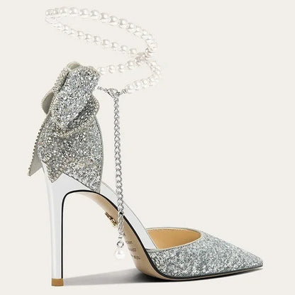 Elegant French pointy high heels from Mohammad Collection with sequin bow, pearl line, and shallow mouth design.