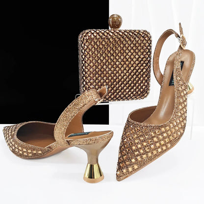 MC THE BLACK DIAMOND heels and matching bag set featuring silver Italian shoes for women, ideal for parties and weddings.