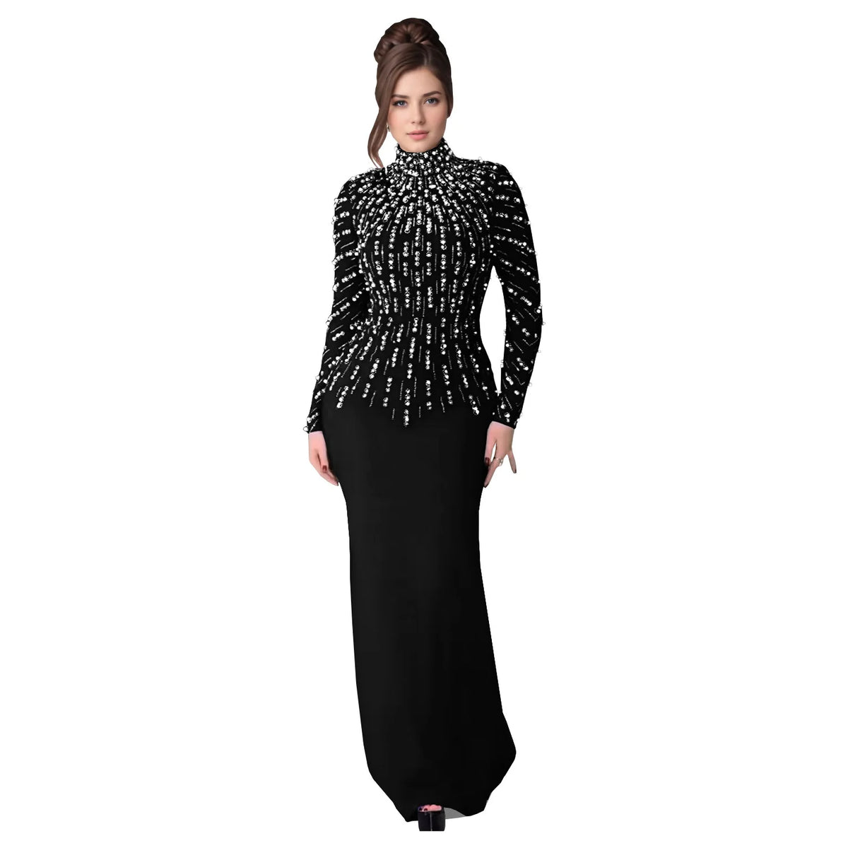 Elegant black MC THE BLACK DIAMOND long bodycon dress with a sleek fit, perfect for formal occasions and evening wear.