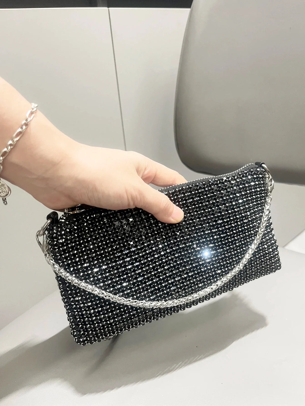 Luxury MC THE BLACK DIAMOND rhinestones clutch purse with handle, elegant women’s shoulder bag and hand bag for special occasions.