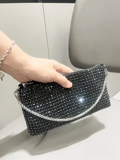 Luxury MC THE BLACK DIAMOND rhinestones clutch purse with handle, elegant women’s shoulder bag and hand bag for special occasions.
