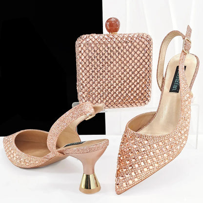 MC THE BLACK DIAMOND heels and matching bag set featuring silver accents, perfect for parties and weddings.