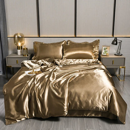 Luxurious Mulberry silky bedding set with queen-sized satin duvet cover, sheets, and pillowcases in soft, skin-friendly fabric.