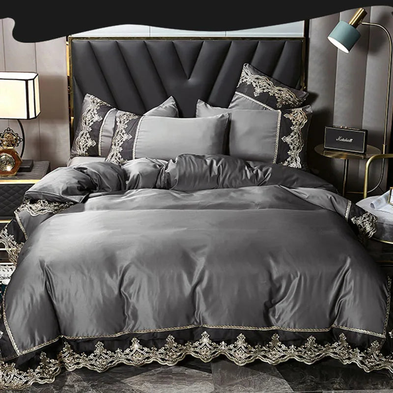 European ice rayon bed skirt from MC THE BLACK DIAMOND, stylish home decor bedding set in soft summer colors.