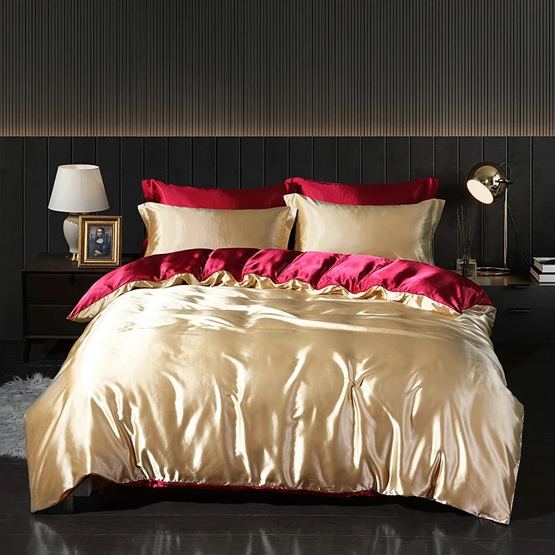 Luxury satin bedding set with fitted sheet and duvet cover by MC THE BLACK DIAMOND, showcasing soft, elegant home decor.