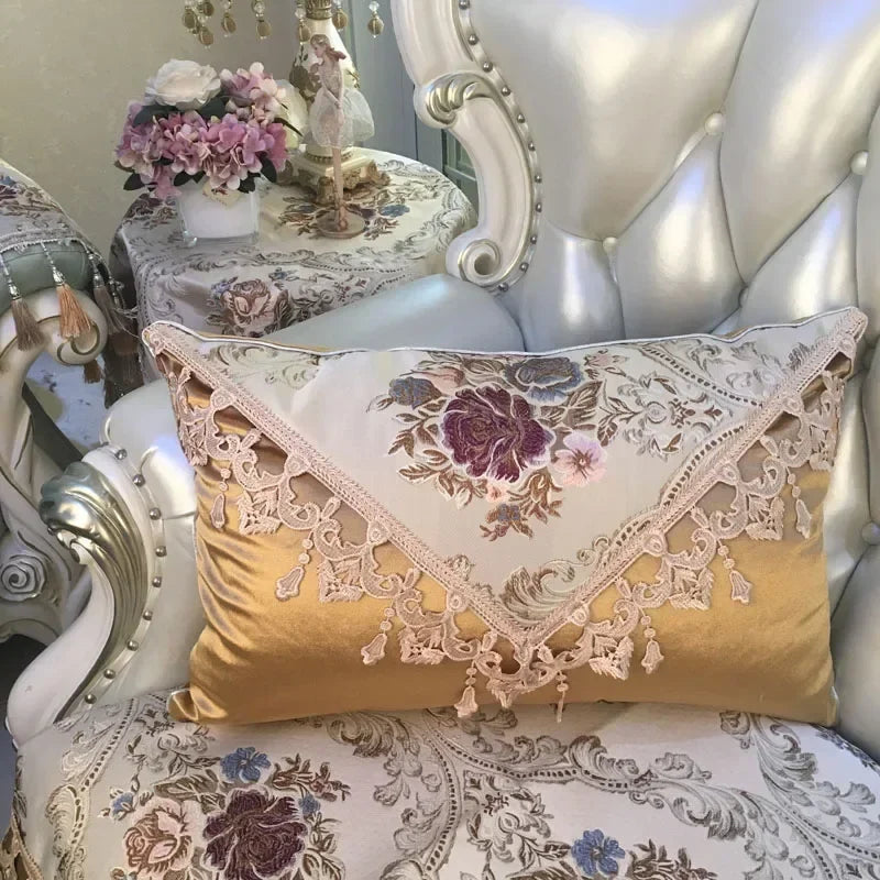 European luxury Jacquard tassel lace sofa pillow cushion cover with rectangular shape and decorative large backrest design.