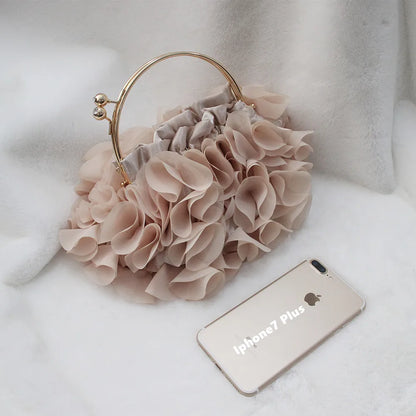 Luxury satin floral bride evening clutch bag with chain strap by MC THE BLACK DIAMOND, floral design, perfect for wedding or party.